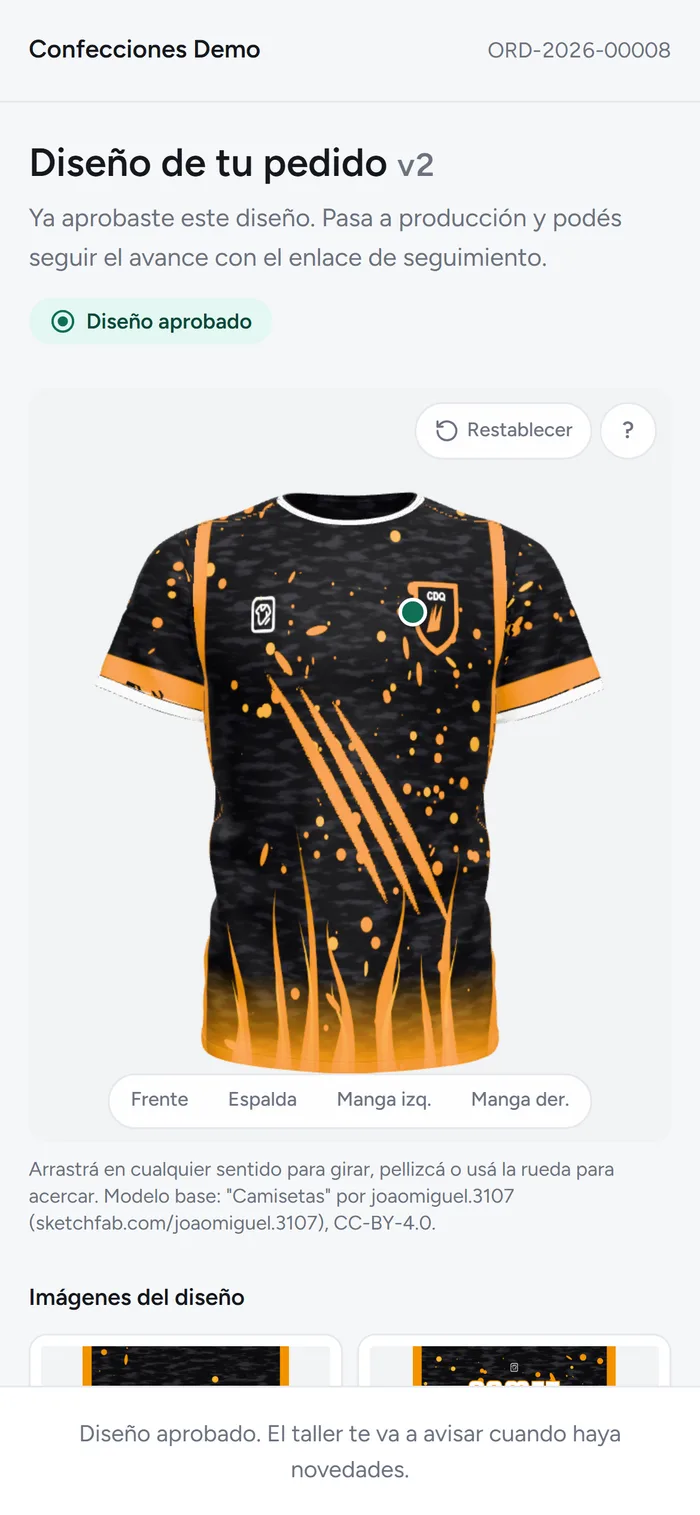 Pantalla del cliente con el diseño aprobado