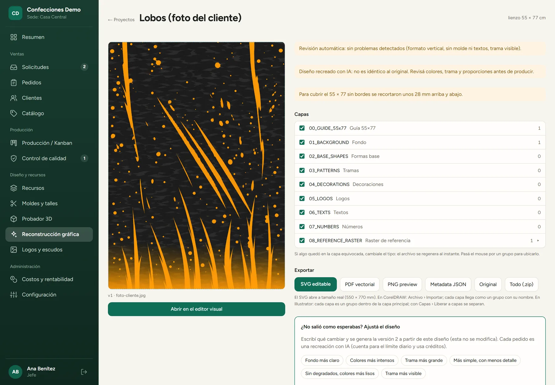 Proyecto de reconstrucción con el diseño recreado, sus capas y los formatos para exportar