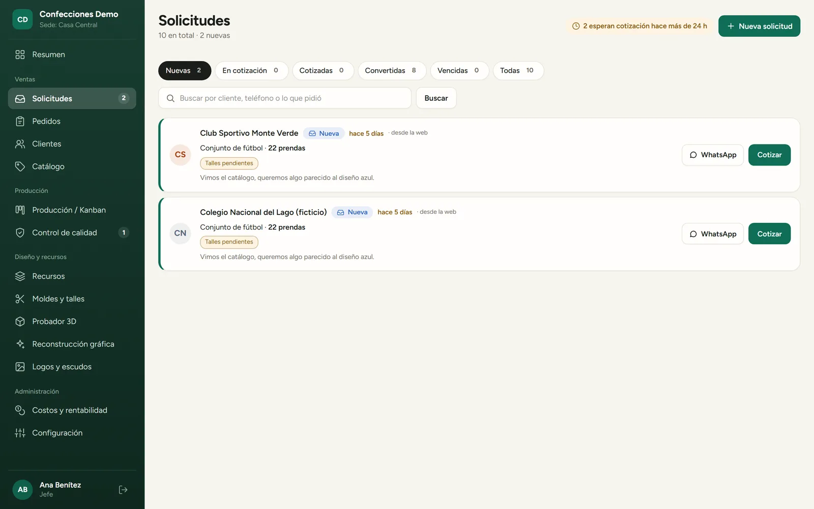 Solicitud: El cliente pide presupuesto desde tu web o lo cargás vos.